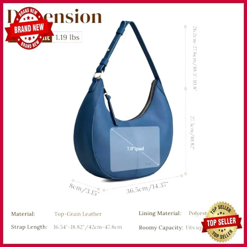 Top Grain Leather Hobo Shoulder Bag Adjustable Strap 3 Pockets